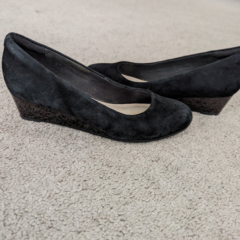 Black suede wedge pump